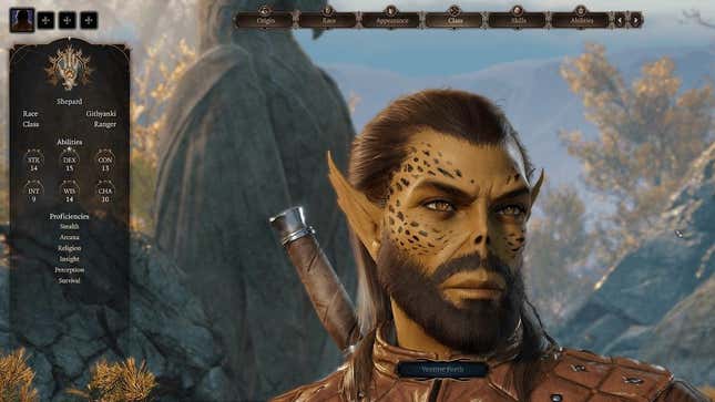 A male Baldur's Gate 3 character with pointy ears, a small, open nose, black spots over his cheeks, and greenish skin looks into the distance.