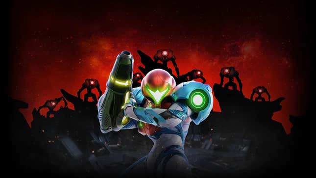 Samus is seen standing with her weapon ready and a squad of enemies approaching her from behind.