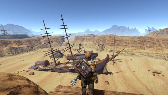 The protagonist of Outward looks to the mountains beyond. 