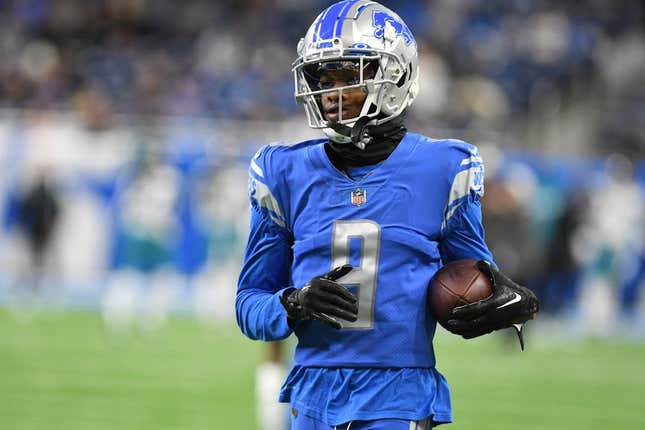 Dec 4, 2022; Detroit, Michigan, USA; Detroit Lions wide receiver Jameson Williams (9) warms up prior to his first game for the Lions coming off injury against the Jacksonville Jaguars at Ford Field.
