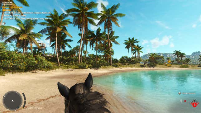 A first person screenshot of what one of the beaches in the game looks like, featuring palm trees and white sand.