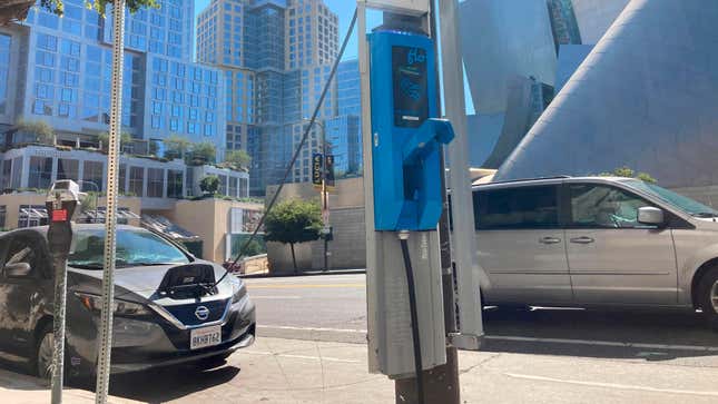 An EV charger in downtown Los Angeles