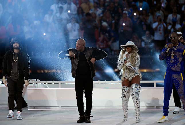 Eminem, Dr. Dre, Mary J. Blige, and Snoop Dogg perform during the Pepsi Super Bowl LVI Halftime Show at SoFi Stadium on Feb. 13, 2022, in Inglewood, Calif. 