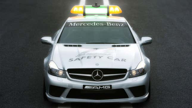 The front end on a silver Mercedes-Benz safety car used in F1. 