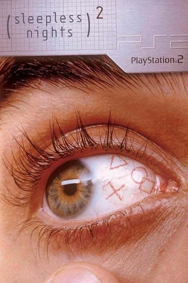 A PS2 ad shows button symbols burned on a woman's eyeball.