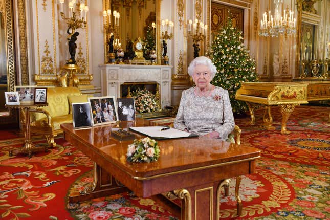 Queen Elizabeth II in the White Drawing Room at Buckingham Palace in a picture released on December 25, 2018 in London, United Kingdom.
