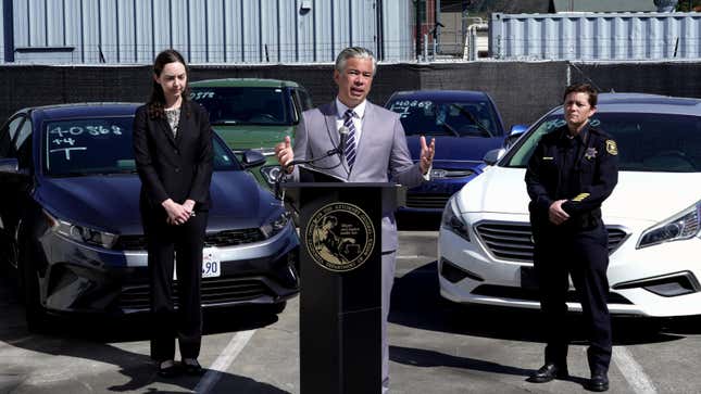alifornia Attorney General Rob Bonta, center, flanked by Deputy Attorney General Holly Mariella, left, and Berkeley Police Chief Jennifer Louis, right, speaks during a news conference Thursday, April 20, 2023, in Berkeley, California