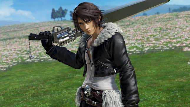 Squall is shown with his gunblade resting on his shoulder in a field of flowers.