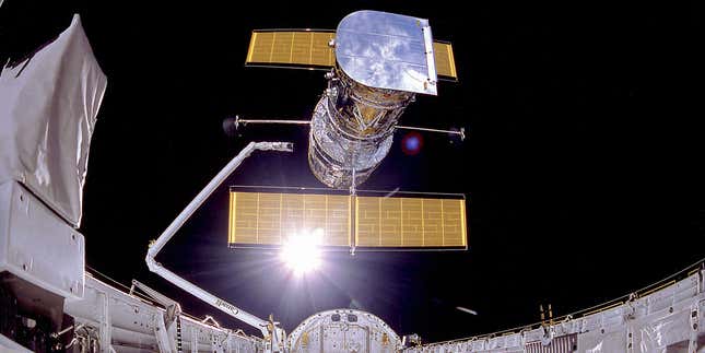 Hubble during a Space Shuttle servicing mission. 