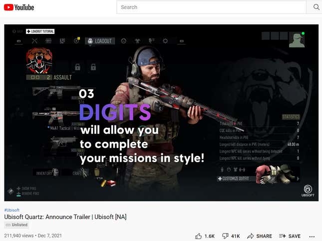 A screenshot of Ubisoft's Quartz trailer on YouTube shows how many times the video has been downvoted.