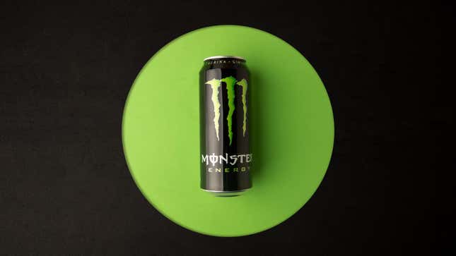 A photo of a Monster Energy drink against a green-and-black background. Monster is notorious for filing trademark violation cases.