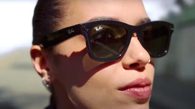 A model wears the Wayfarer version of Ray-Ban Stories.