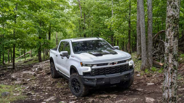 A photo of a white Chevrolet Silverado ZR2 pickup truck. 