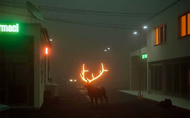 Imagen para el artículo titulado La curiosa historia tras esta imagen viral de un reno con los cuernos luminosos paseando por una calle de noche