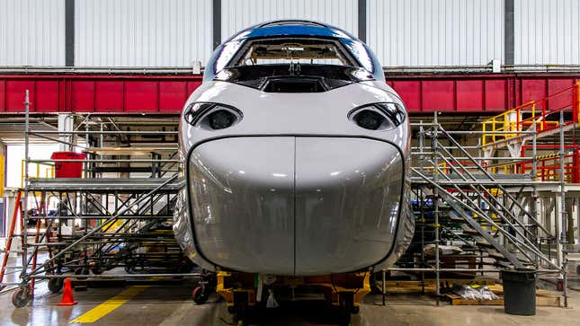 A photo of an Amtrak high speed train being built. 