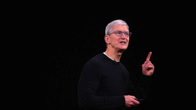 Apple CEO Tim Cook speaks on-stage during a product launch event at Apple’s headquarters in Cupertino, California, on September 10, 2019.