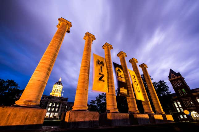 Columbia, MO - October 10, 2019: Mizzou’s historic columns, with Jesse Hall in the background, are on the campus of the University of Missouri in Columbia. (1726)