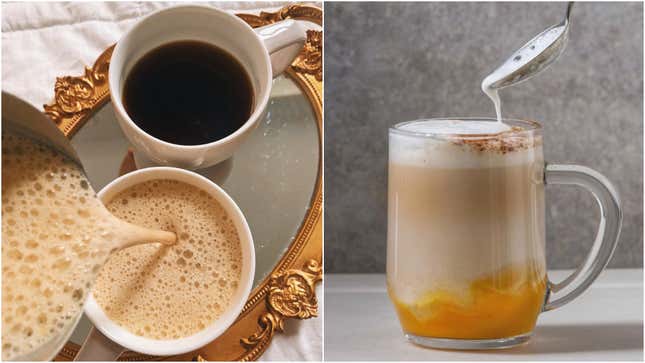 Left: pumpkin foam in two mugs of coffee. Right: a pumpkin latte with pumpkin puree.