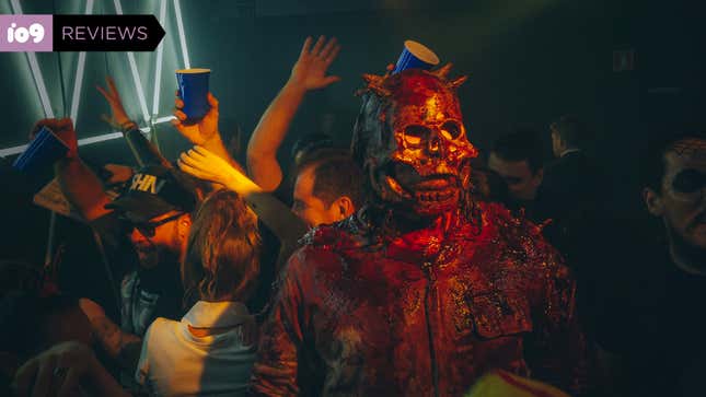 Skull: The Mask's blood-drenched demon in a skull mask roams through a dance party.