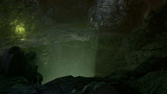 Shep, Gale, Shadowheart, and Karlach are shown next to a deep chasm.