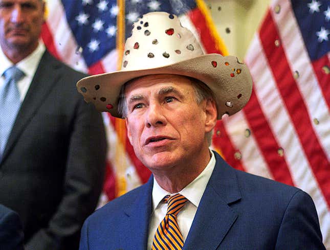 Image for article titled Ricocheting Bullets Swiss Cheese Greg Abbott’s Hat During Press Conference
