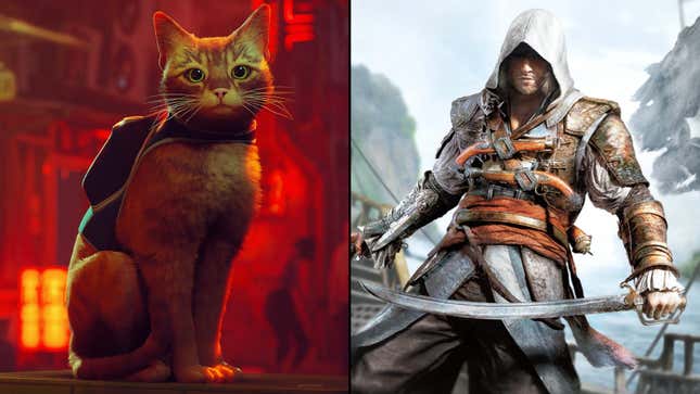 A composite image depicts a cat with a little backpack next to a cutlass-wielding pirate.