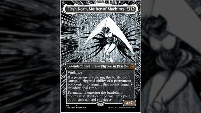 An image shows Junji Ito’s design for Magic: The Gathering’s Elesh Norn, Mother of Machines.