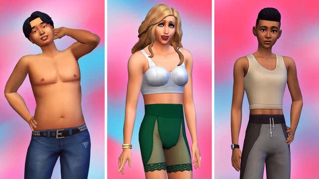 An image of The Sims 4 characters with binders and top surgery scars.