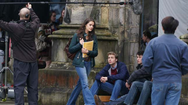 Actress Meg Bellamy, who plays Kate Middleton, and actor Ed McVey, who plays the part of Prince William, film scenes for the next season of The Crown in St Andrews in Scotland. Picture date: Friday March 17, 2023. (Photo by Andrew Milligan/PA Images via Getty Images)