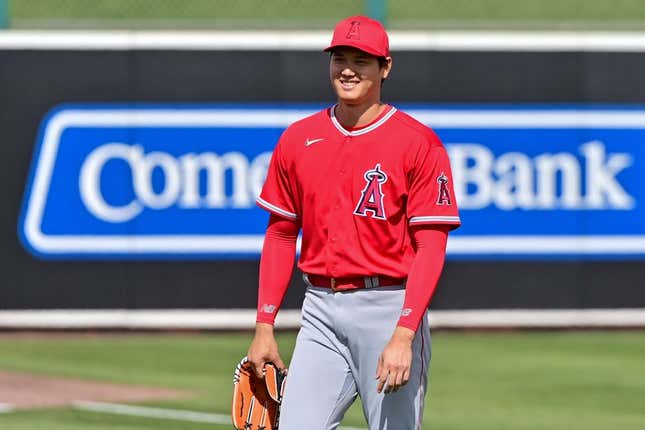 Feb 28, 2023; Mesa, Arizona, USA; Los Angeles Angels starting pitcher Shohei Ohtani (17) looks on prior to the game against the Oakland Athletics during a Spring Training game at Hohokam Stadium.