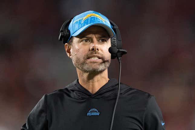 Aug 25, 2023; Santa Clara, California, USA; Los Angeles Chargers head coach Brandon Staley reacts during the fourth quarter against the San Francisco 49ers at Levi&#39;s Stadium.