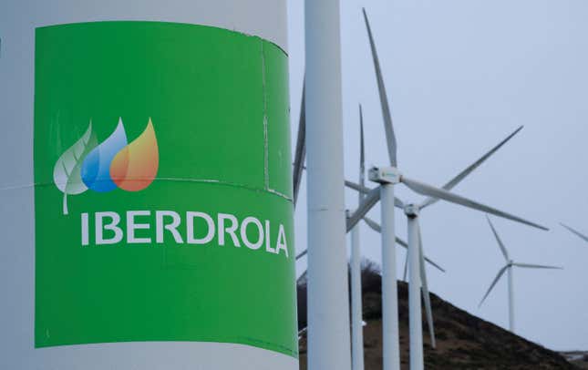 The logo of Spanish utilities company Iberdrola is displayed on wind turbines at Mt. Oiz, near Durango, Spain, February 20, 2023. 