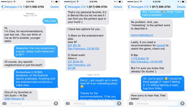 An interaction with Cloe, an SMS search app. (Credit: Ryan Hoover)