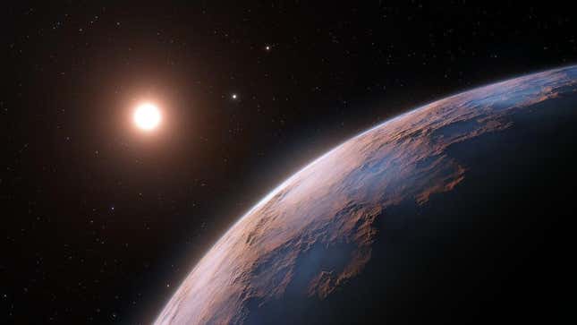 Artist’s impression of the newly discovered candidate planet in orbit around Proxima Centauri, with Alpha Centauri A and B in the background.