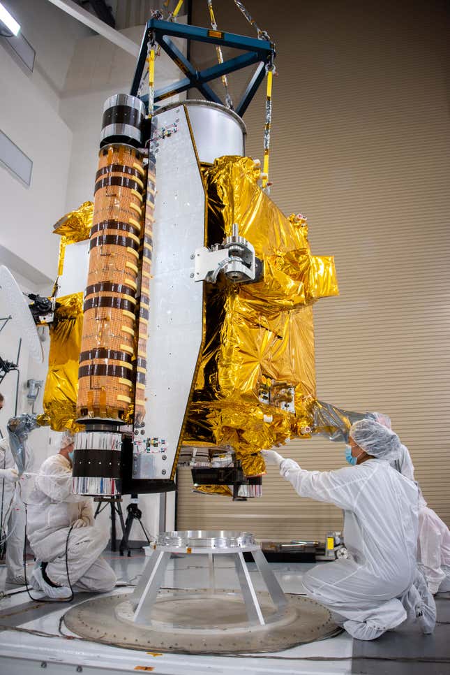 Technicians work on the DART spacecraft at Vandenberg Space Force Base in California on Oct. 4, 2021.