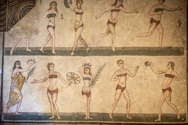 A mosaic in Villa Romana, a Roman villa in Sicily, depicts bikini-clad women exercising