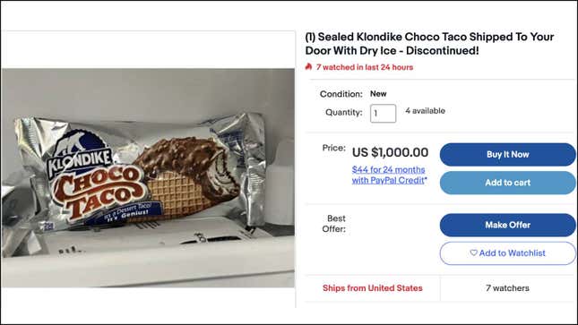 eBay auction page for a sealed Choco Taco with price starting at $1,000