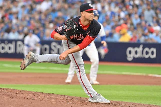 Aug 29, 2023; Toronto, Ontario, CAN; Washington Nationals starting pitcher MacKenzie Gore (1) delivers a pitch against the Toronto Blue Jays in the first inning at Rogers Centre.
