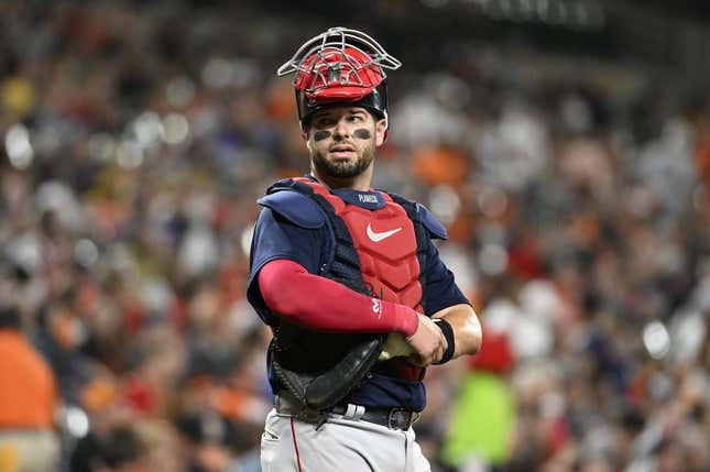 Sep 10, 2022; Baltimore, Maryland, USA;  Boston Red Sox catcher Kevin Plawecki (25) looks toward the crowd during the seventh inning against the Baltimore Orioles at Oriole Park at Camden Yards.