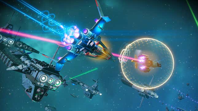 Spaceships do battle in a procedurally generated universe.