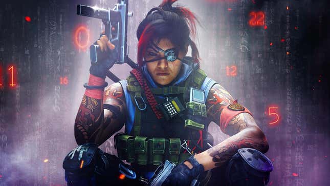 A Call of Duty operator with sub-machine guns looking grim in front of a stream of numbers. 