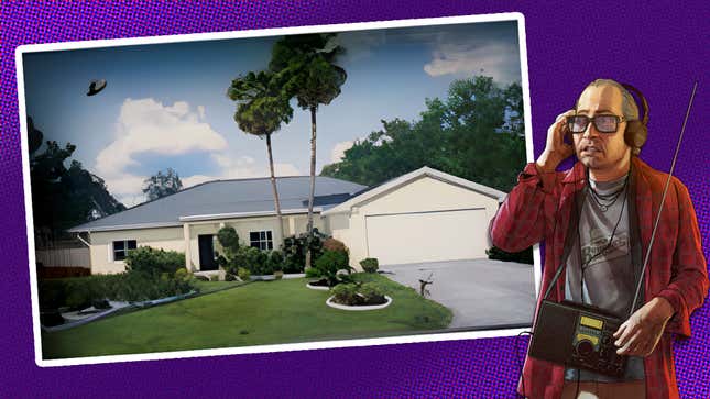 An image of GTA V's Ron Jakowski standing next to a house that series fans think is based in Florida, the supposed setting of Grand Theft Auto VI.