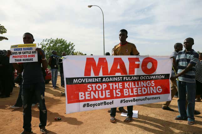 Protestors gather during a demonstration against Fulani herdsmen killings, in Abuja, Nigeria, last March.