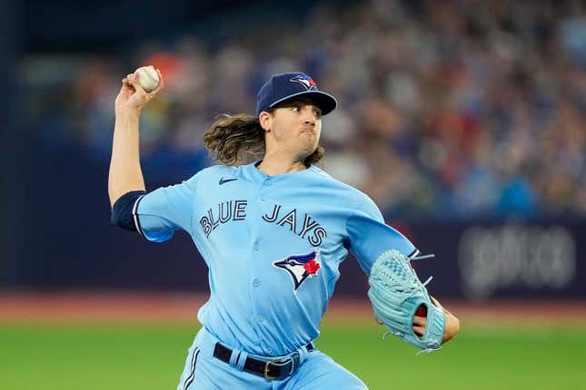 Jul 2, 2023; Toronto, Ontario, CAN;  Toronto Blue Jays starting pitcher Kevin Gausman (34) pitches to the Boston Red Sox during the first inning at Rogers Centre.