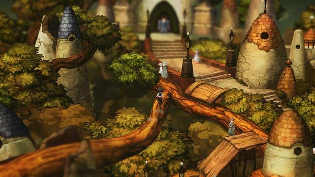 Bravely Default II's protagonist ventures through a treehouse village.