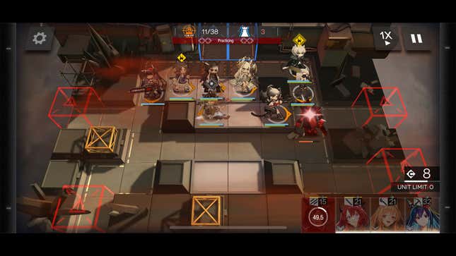 An Arknights battle plays out on a tactical grid.