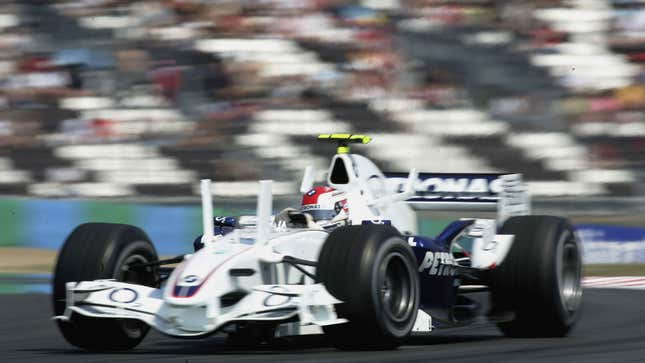 A photo of the 2006 BMW-Sauber F1 car racing in France. 
