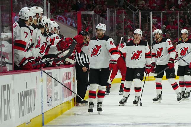 May 5, 2023; Raleigh, North Carolina, USA; New Jersey Devils left wing Miles Wood (44) celebrates his goal against the Carolina Hurricanes during the third period in game two of the second round of the 2023 Stanley Cup Playoffs at PNC Arena.