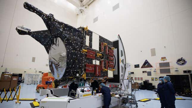 The Psyche spacecraft getting serviced at Kennedy Space Center.