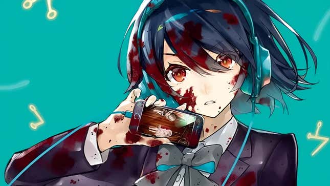 Cover art image from the SINoAlice manga shows a girl holding her phone while covered in blood. 